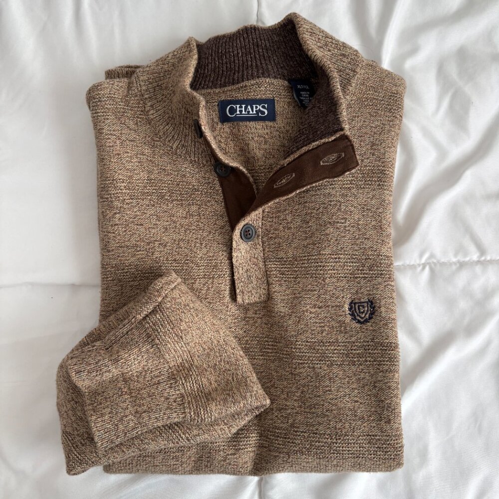 Chaps Brown Knit Mock Neck Sweater Three-button Placket Logo Cabincore Preppy XL